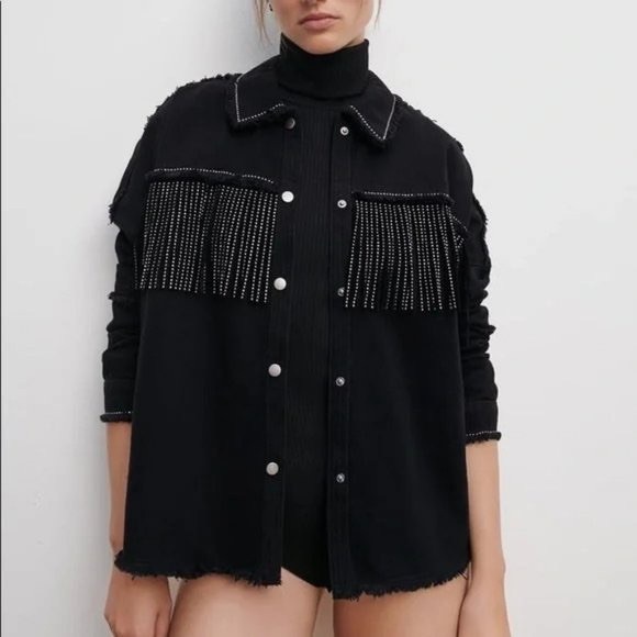 ZARA DENIM EMBELLISHED FRINGE BUTTON UP SHIRT JACKET SIZE SMALL IN BLACK - Picture 5 of 16
